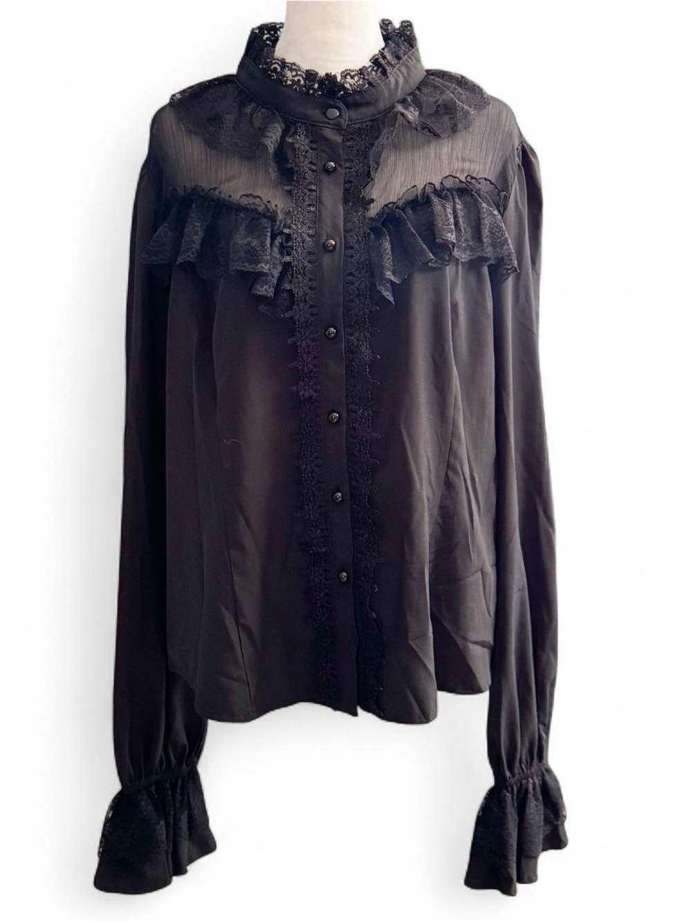 Black Victorian-Style Lace Trim Blouse – Corset Back – Fits XL